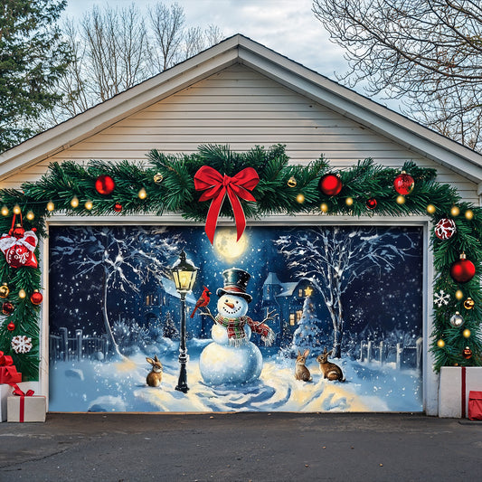 Christmas Garage Door Banner Decoration - Snowman’s Lantern Serenade