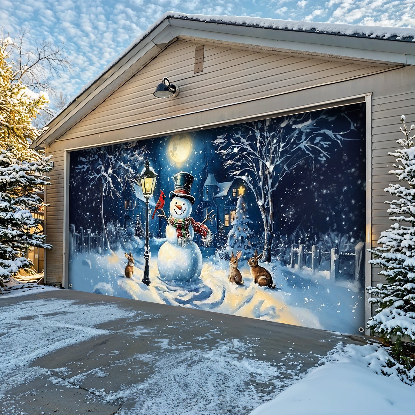 Christmas Garage Door Banner Decoration - Snowman’s Lantern Serenade