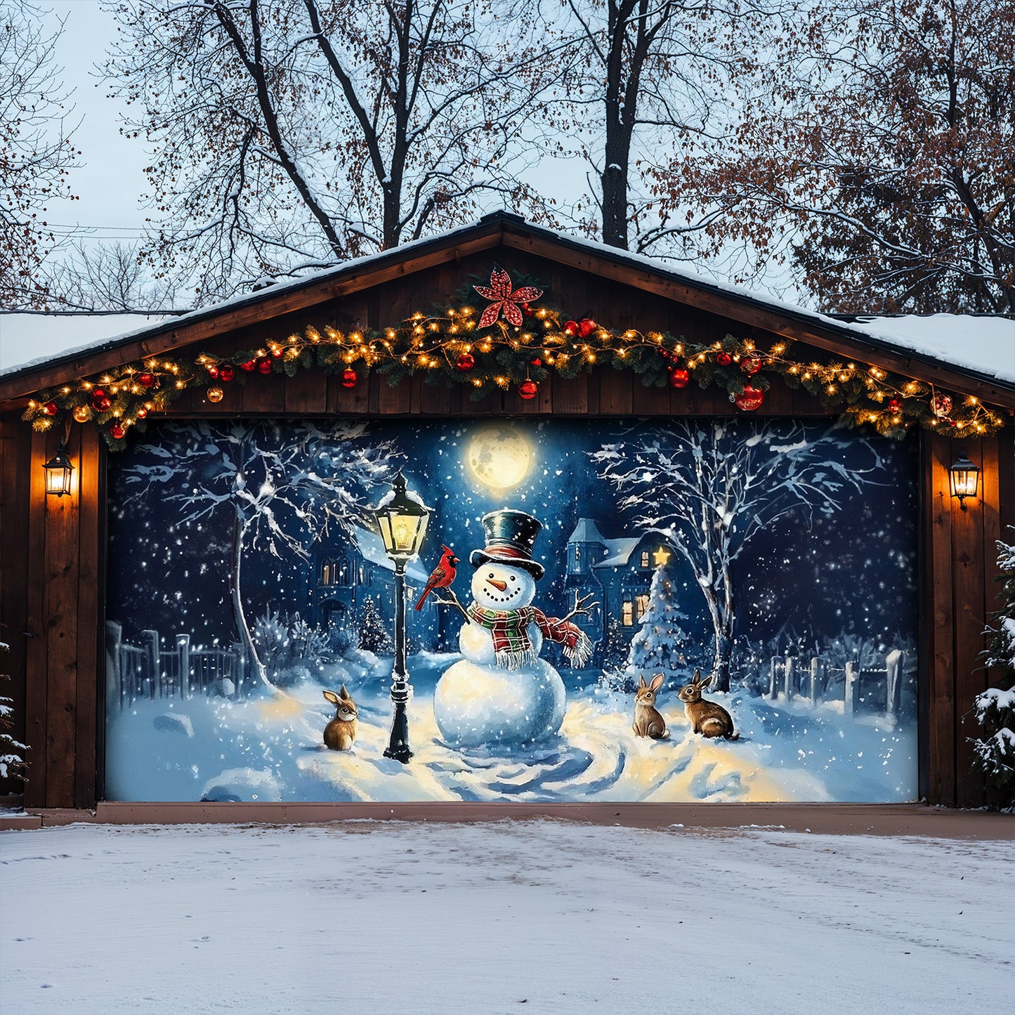 Christmas Garage Door Banner Decoration - Snowman’s Lantern Serenade