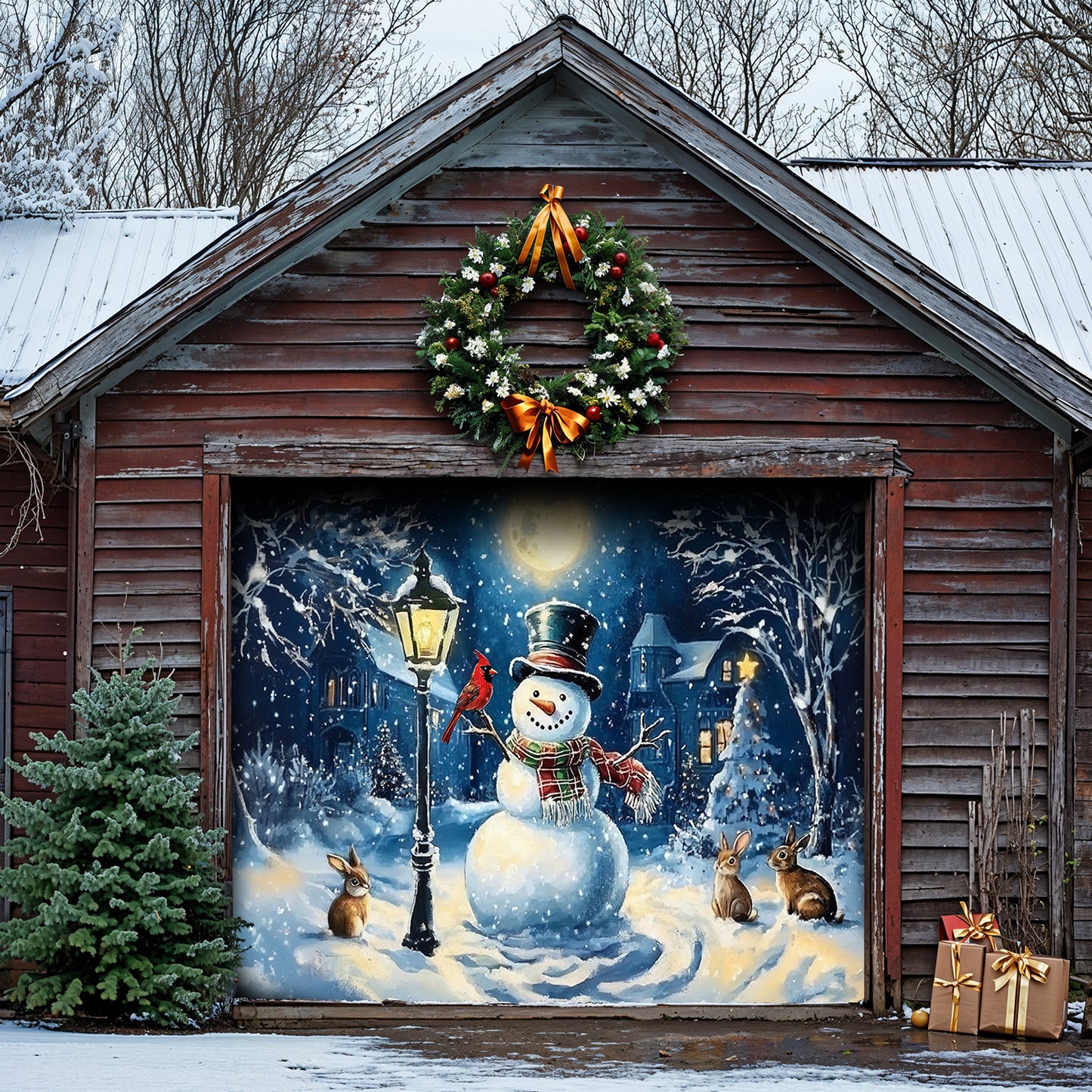 Christmas Garage Door Banner Decoration - Snowman’s Lantern Serenade