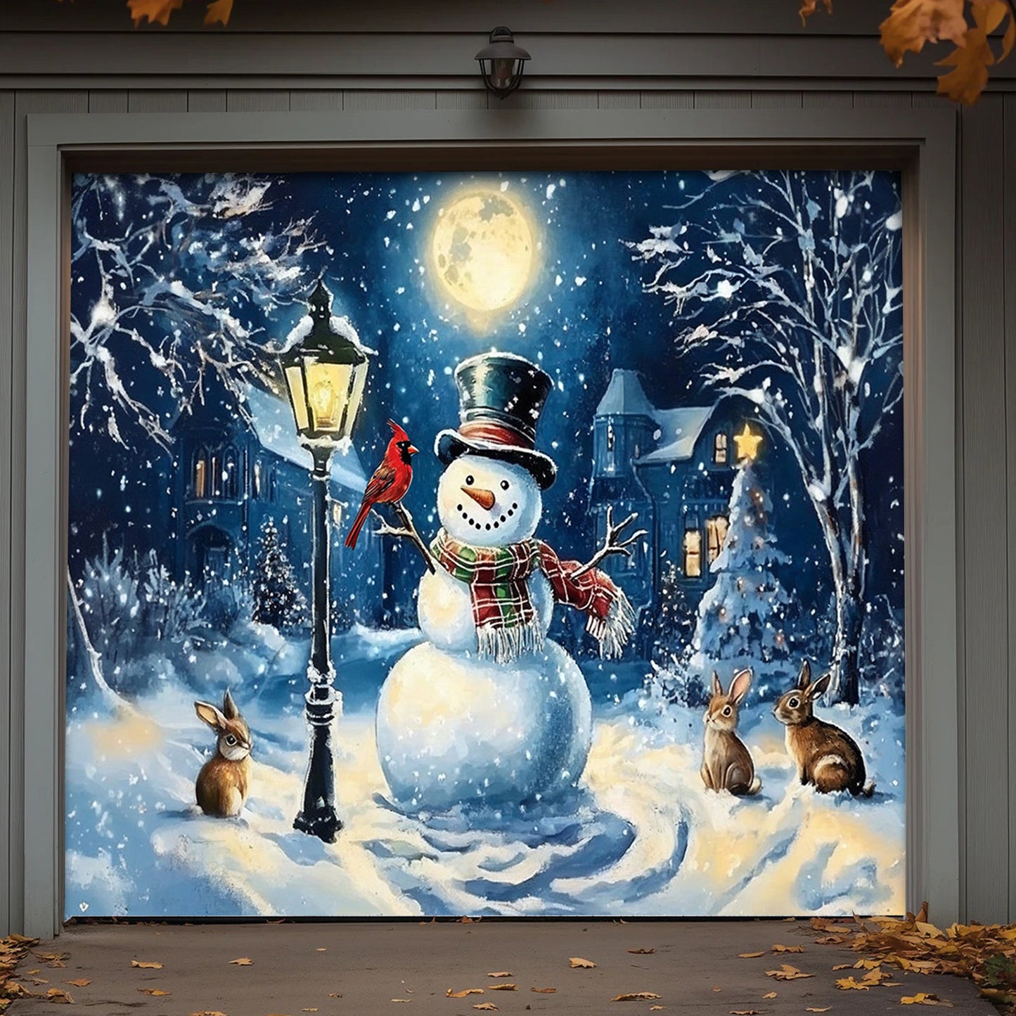 Christmas Garage Door Banner Decoration - Snowman’s Lantern Serenade