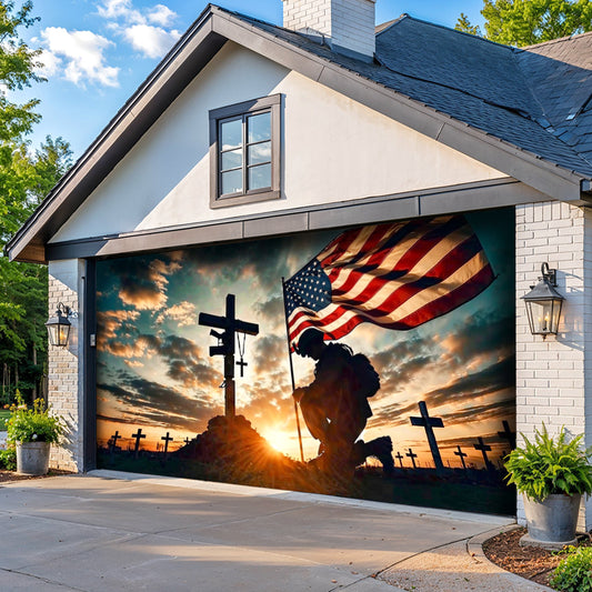 Christian Patriotic Garage Door Banner Decoration Kneel In Faithful Remembrance