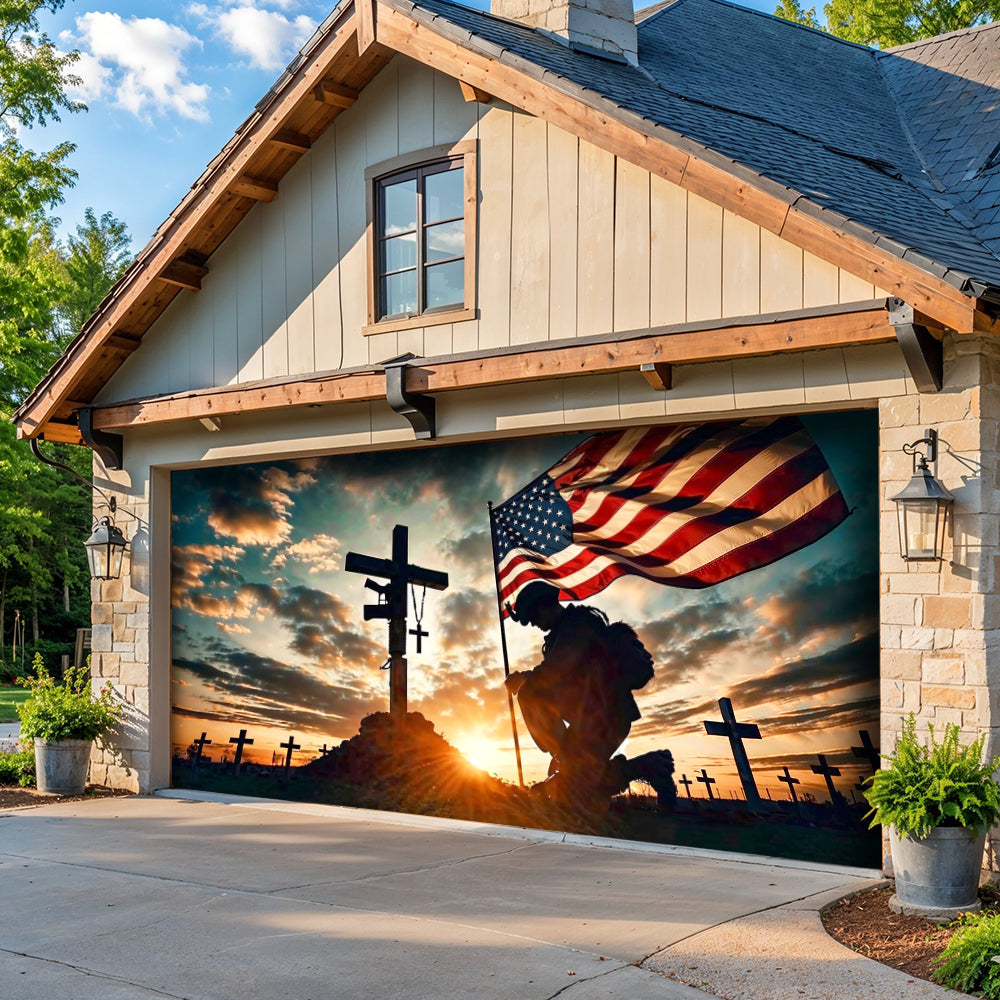 Christian Patriotic Garage Door Banner Decoration Kneel In Faithful Remembrance