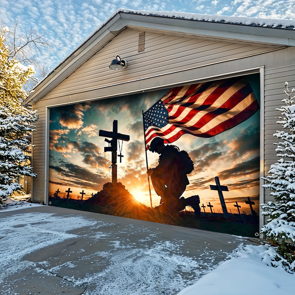 Christian Patriotic Garage Door Banner Decoration Kneel In Faithful Remembrance