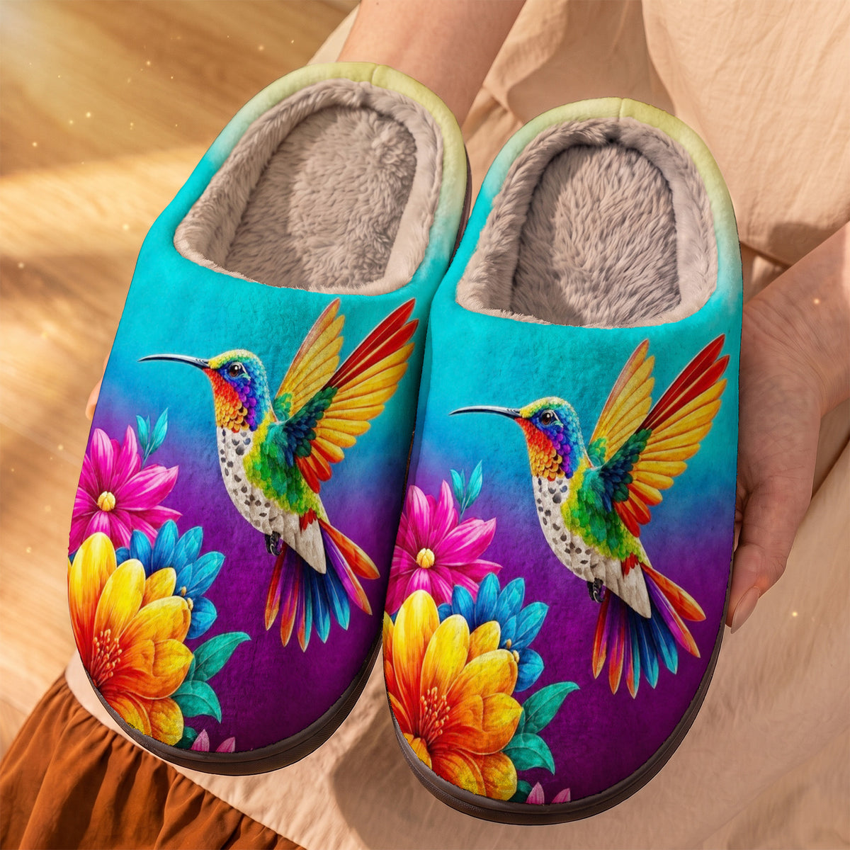Bird Lovers Fleece Lined Slippers Rainbow Hummingbird Bloom