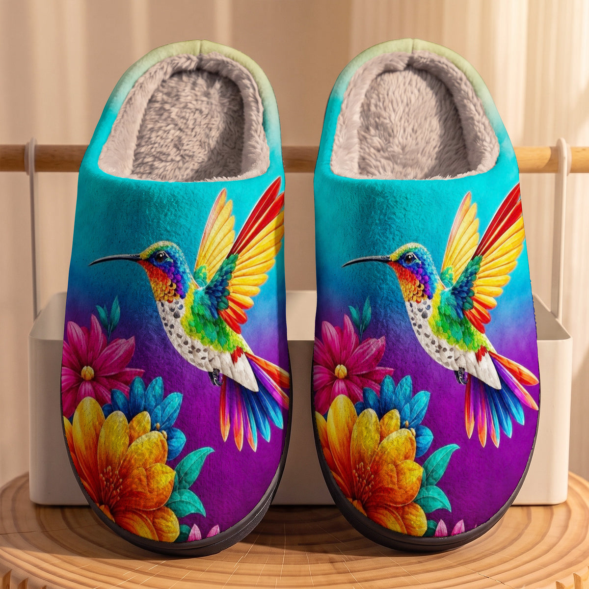 Bird Lovers Fleece Lined Slippers Rainbow Hummingbird Bloom