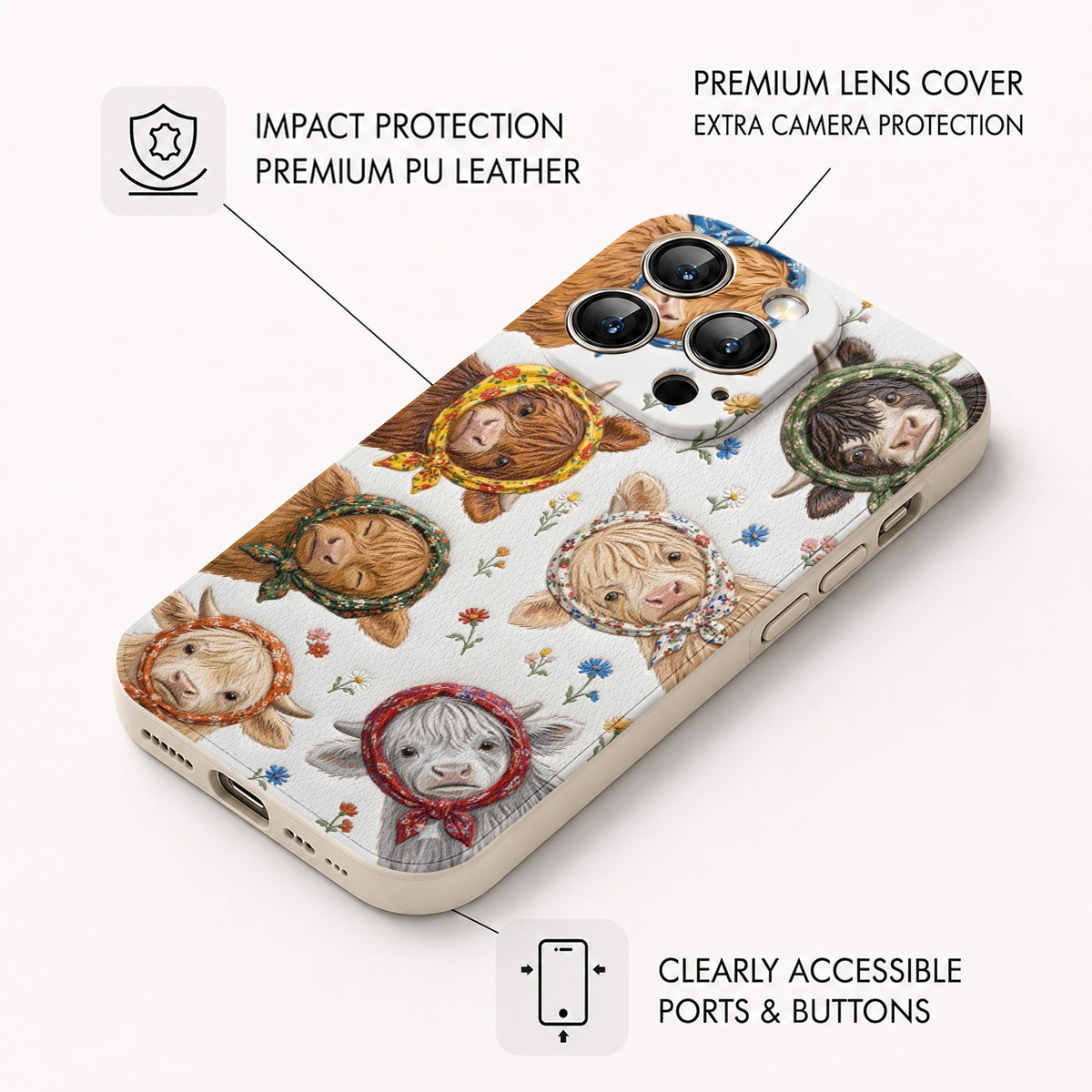 Highland Cow Leather Phone Case Floral Scarf Highland Cow