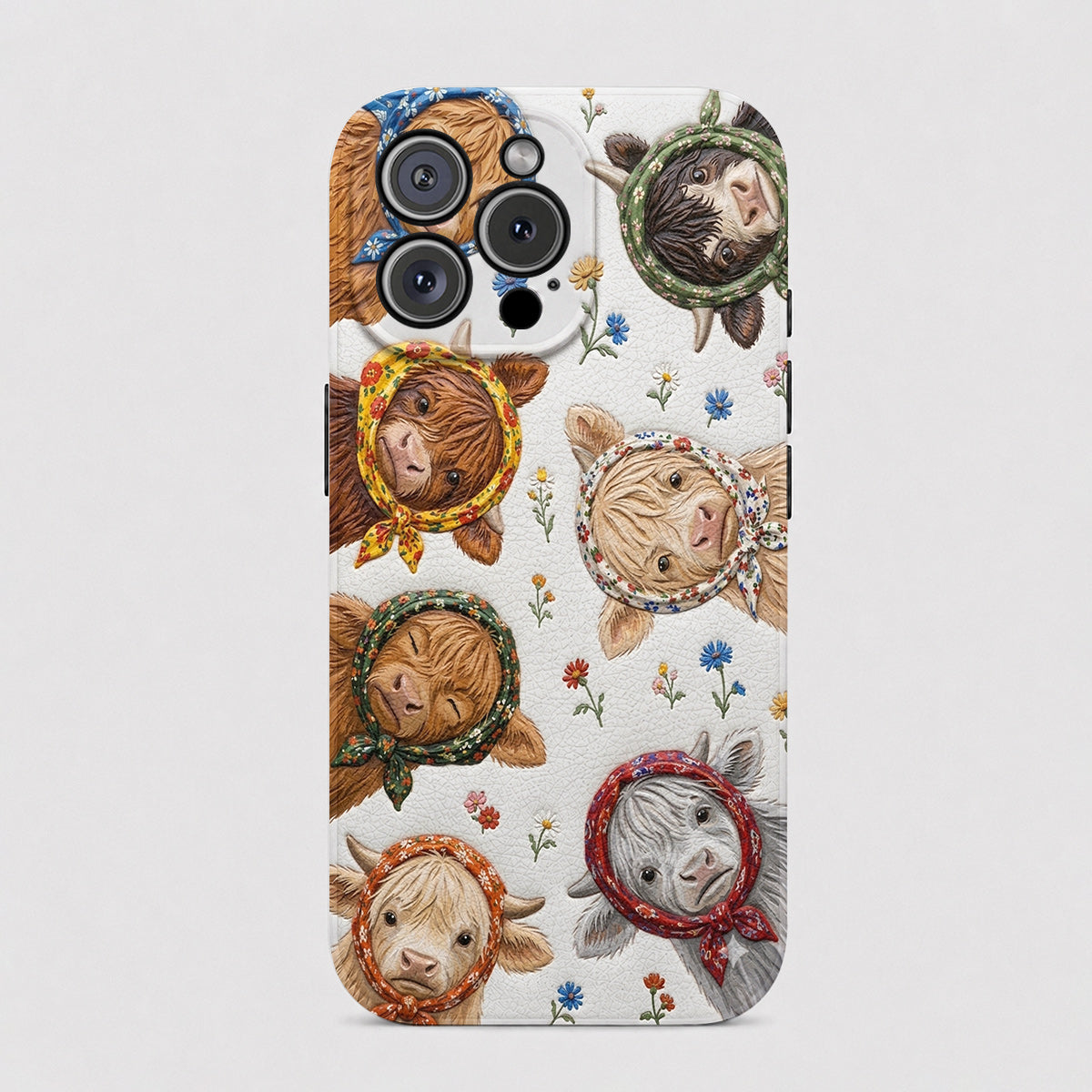 Highland Cow Leather Phone Case Floral Scarf Highland Cow