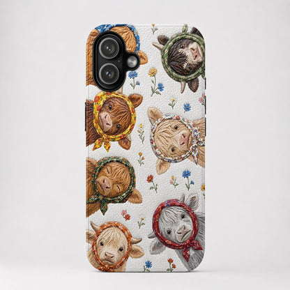 Highland Cow Leather Phone Case Floral Scarf Highland Cow