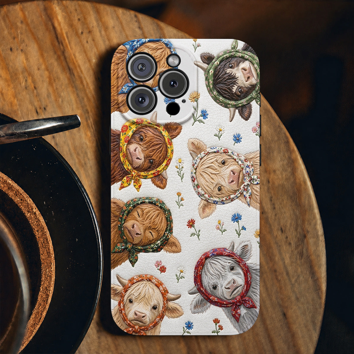 Highland Cow Leather Phone Case Floral Scarf Highland Cow