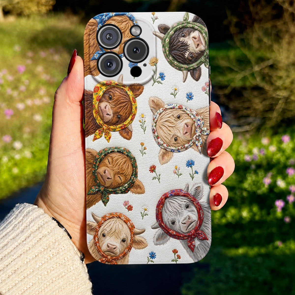 Highland Cow Leather Phone Case Floral Scarf Highland Cow