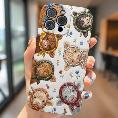Highland Cow Leather Phone Case Floral Scarf Highland Cow