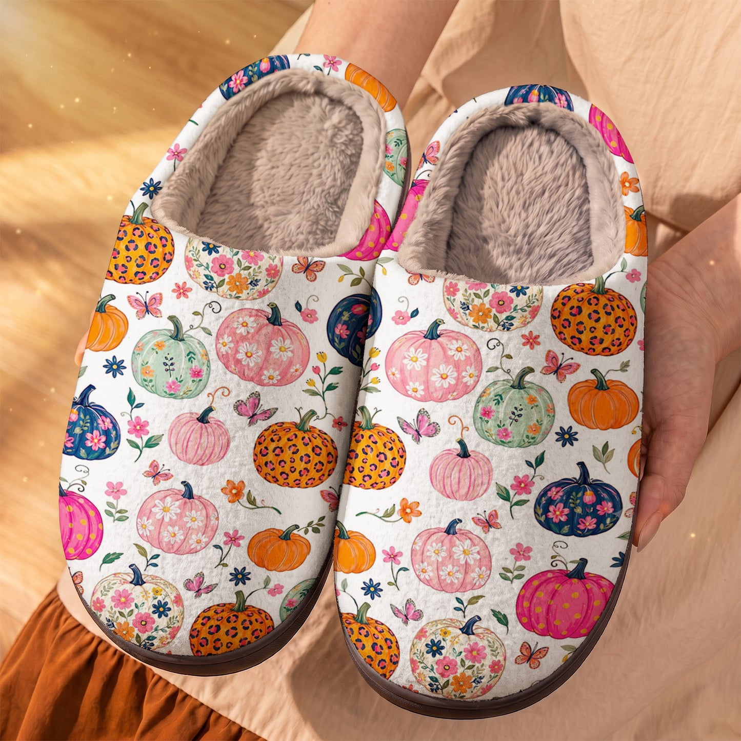Autumn Garden Fleece Lined Slippers Floral Pumpkin Patch Fantasy