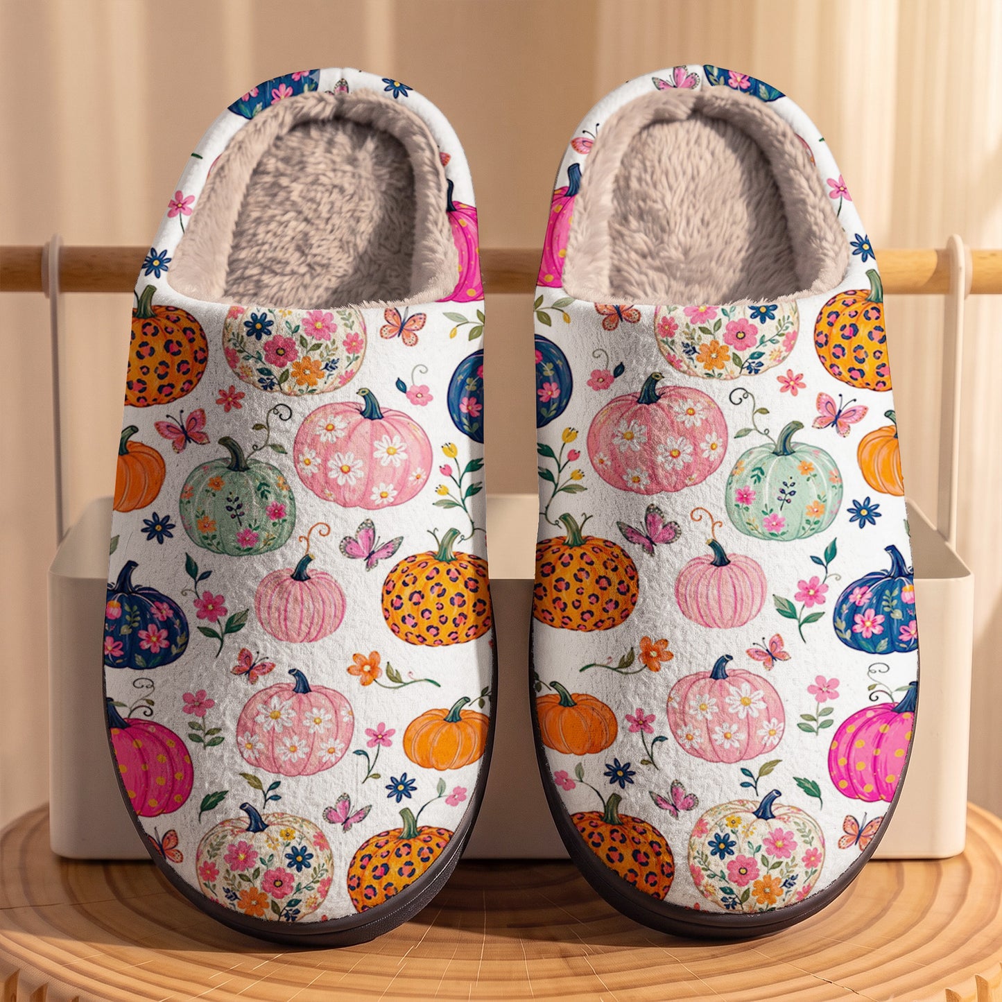 Autumn Garden Fleece Lined Slippers Floral Pumpkin Patch Fantasy