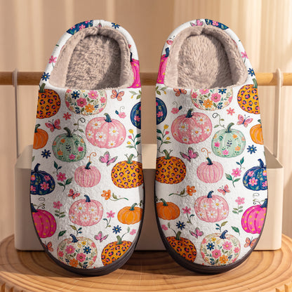 Autumn Garden Fleece Lined Slippers Floral Pumpkin Patch Fantasy