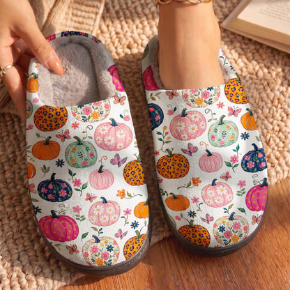 Autumn Garden Fleece Lined Slippers Floral Pumpkin Patch Fantasy