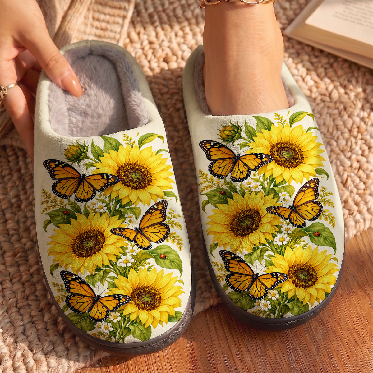 Butterfly In The Sunflower Garden Fleece Lined Slippers