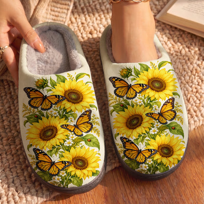 Butterfly In The Sunflower Garden Fleece Lined Slippers