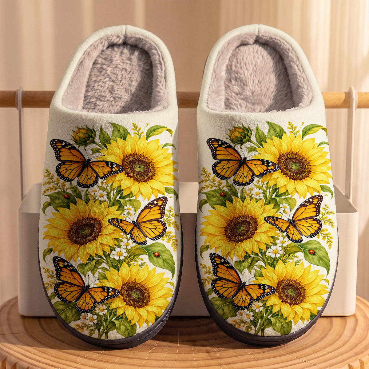 Butterfly In The Sunflower Garden Fleece Lined Slippers