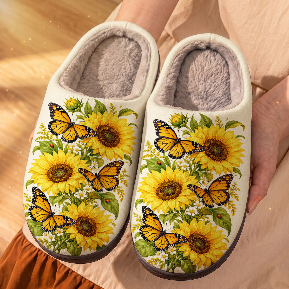 Butterfly In The Sunflower Garden Fleece Lined Slippers