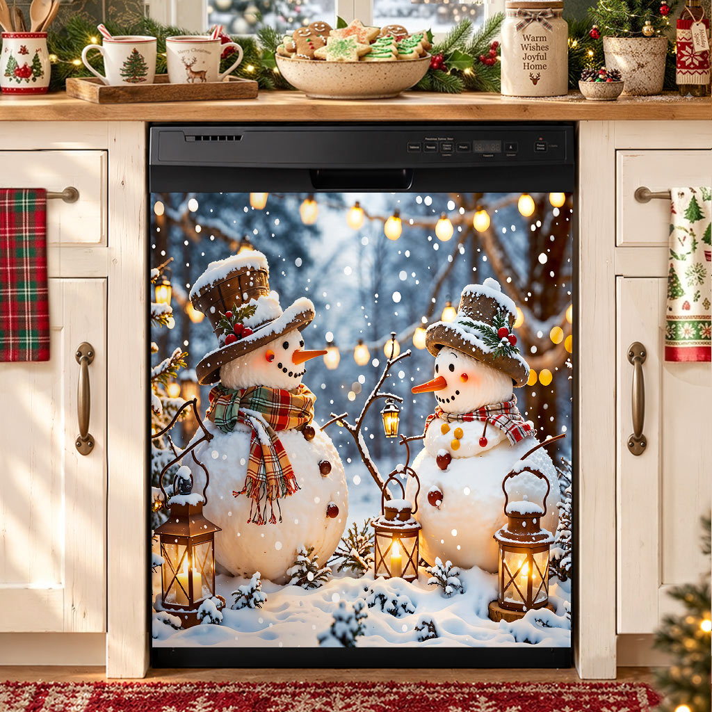 Christmas Magnetic Dishwasher Cover Happy Snowmen’s Cozy Forest Glow