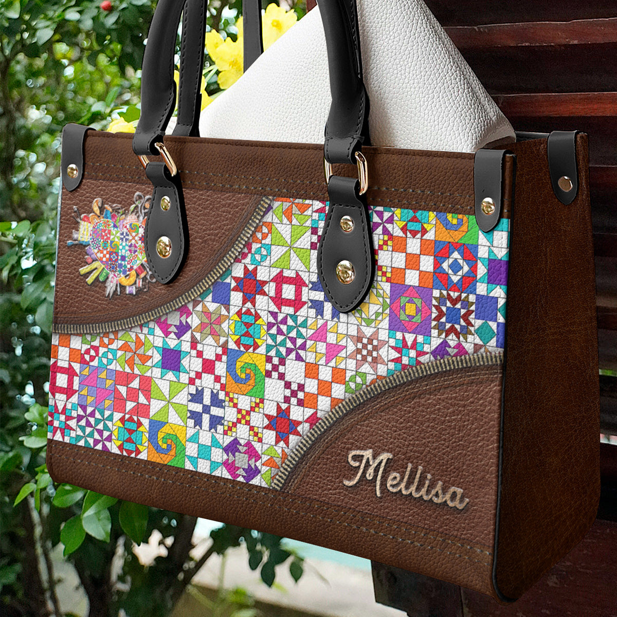 Sewing Lover Leather Handbag Personalized ColorBust Quilt Blocks