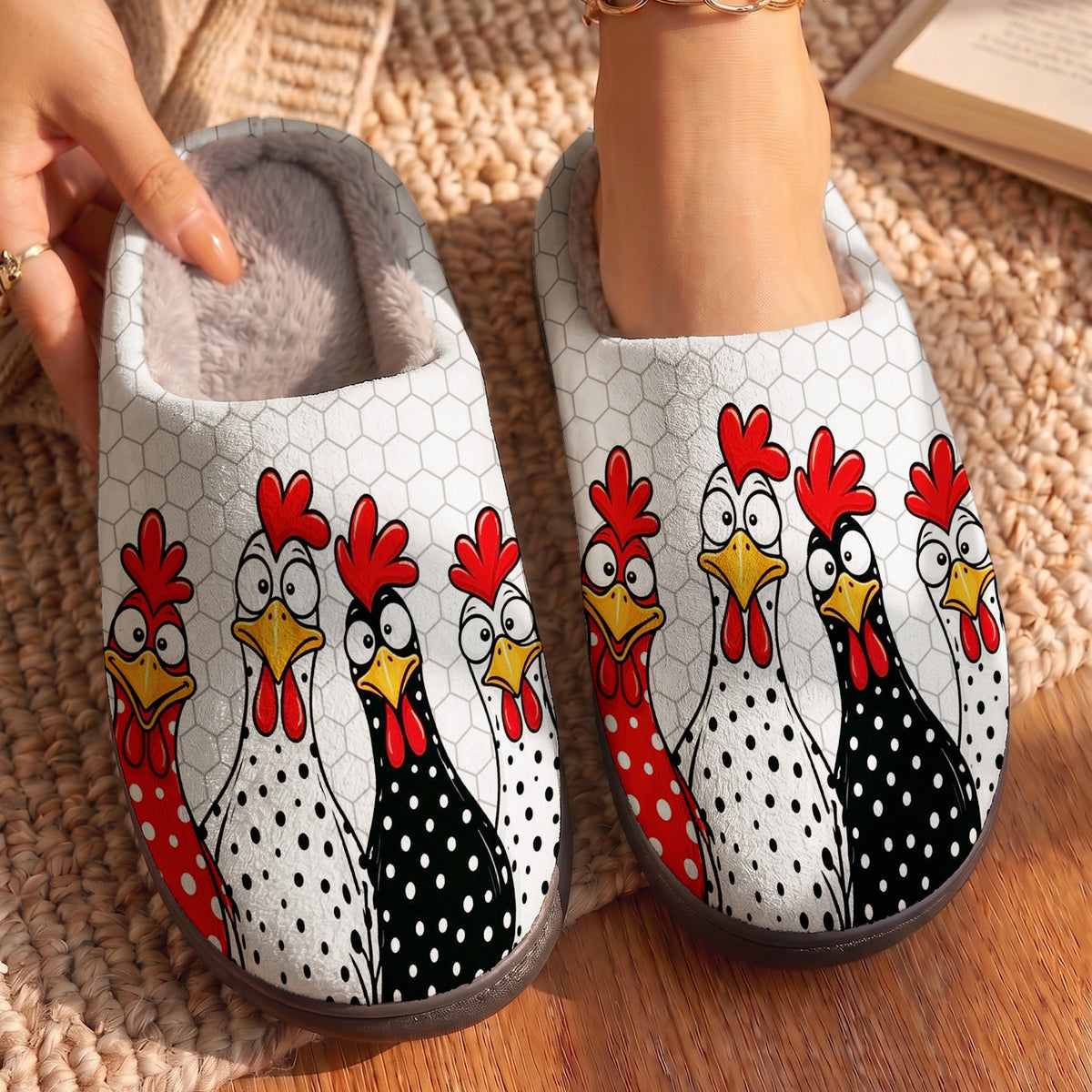 Chicken Lover Fleece Lined Slippers Funky Polka Dot Chicken Parade
