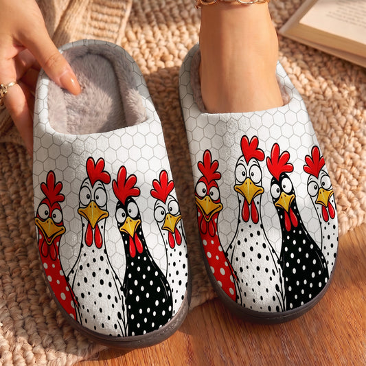 Chicken Lover Fleece Lined Slippers Funky Polka Dot Chicken Parade