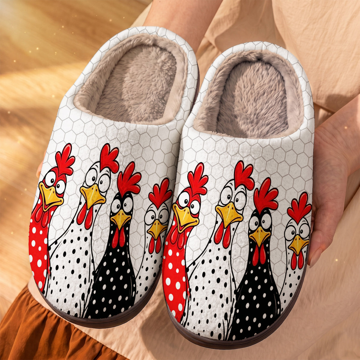 Chicken Lover Fleece Lined Slippers Funky Polka Dot Chicken Parade