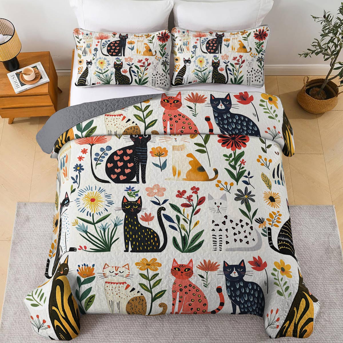 Cat All Season Quilt 3-Piece Whimsical Floral Cats