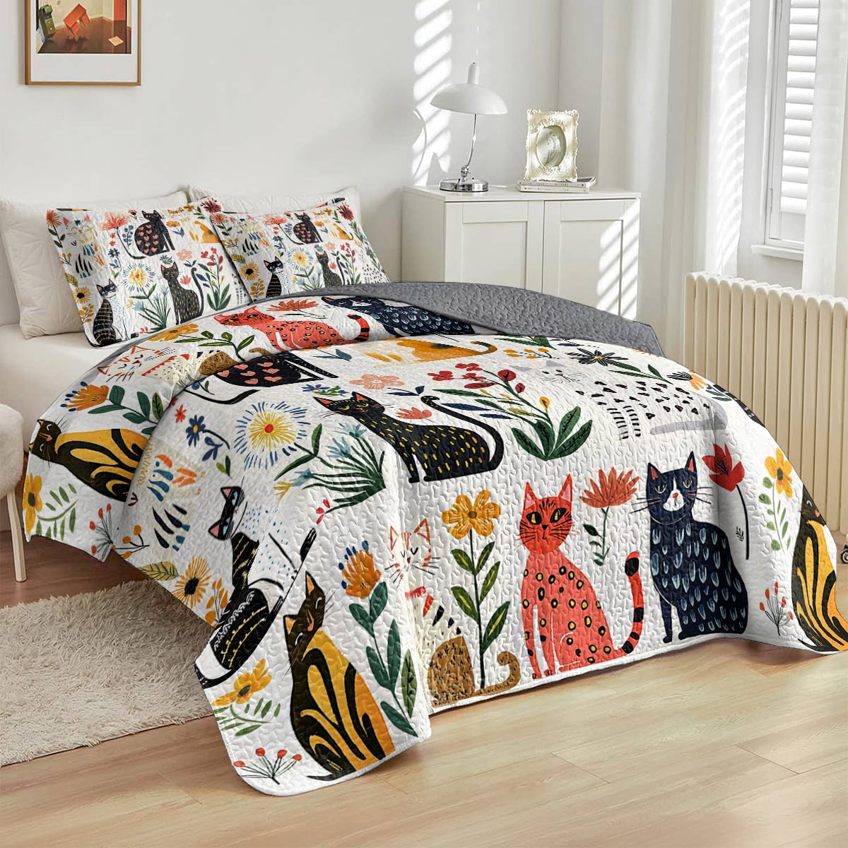 Cat All Season Quilt 3-Piece Whimsical Floral Cats