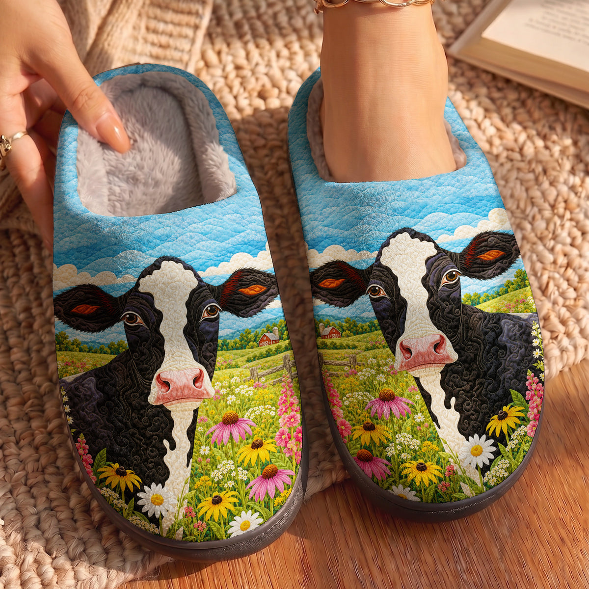 Cow Fleece Lined Slippers Rustic Meadow Cow