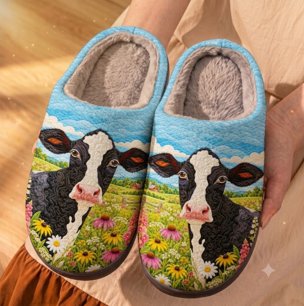 Cow Fleece Lined Slippers Rustic Meadow Cow