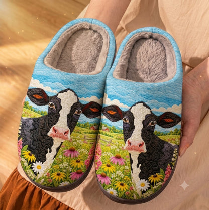 Cow Fleece Lined Slippers Rustic Meadow Cow