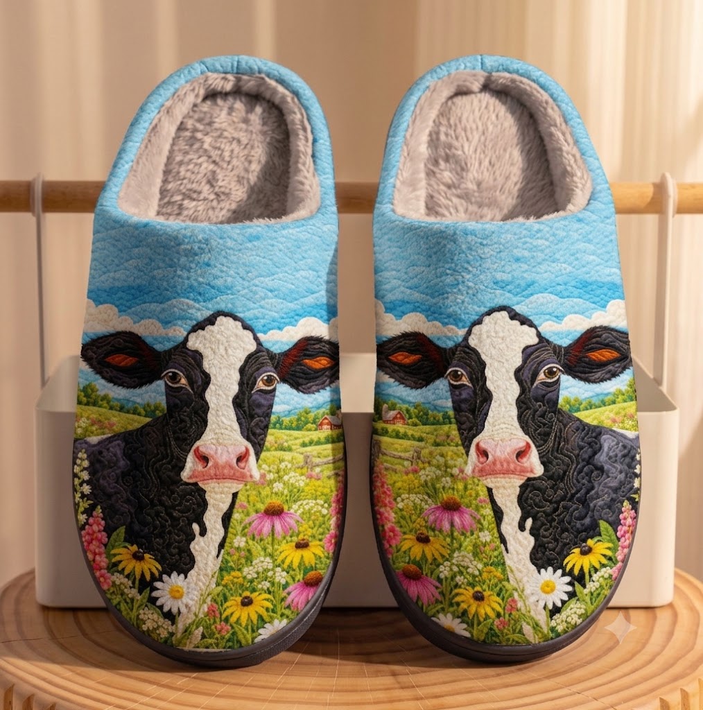 Cow Fleece Lined Slippers Rustic Meadow Cow