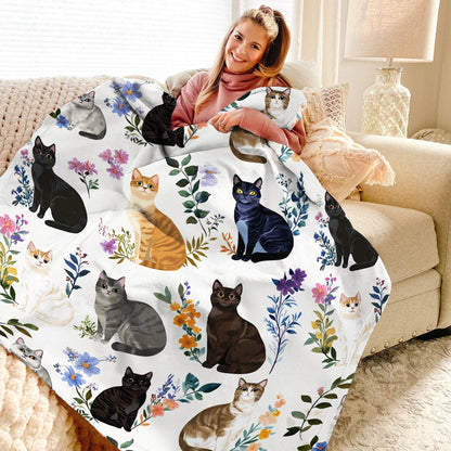 Cat Fleece Blanket Charming Floral Cats