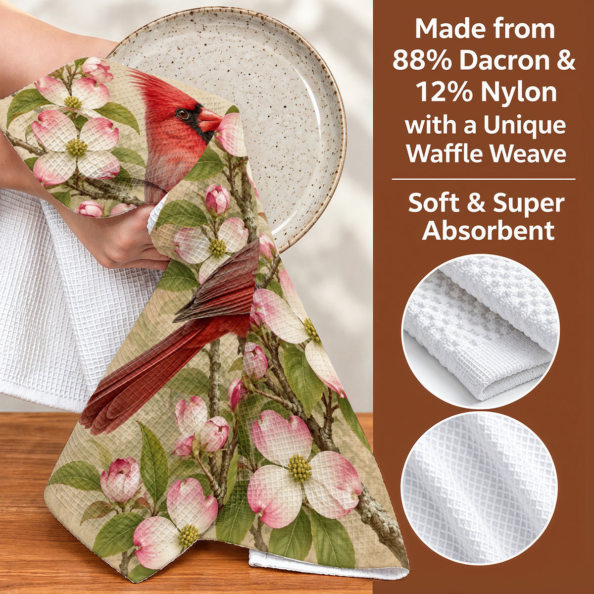Cardinal Bird Kitchen Towel Crimson Cardinal & Blushing Dogwoods