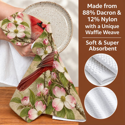 Cardinal Bird Kitchen Towel Crimson Cardinal & Blushing Dogwoods