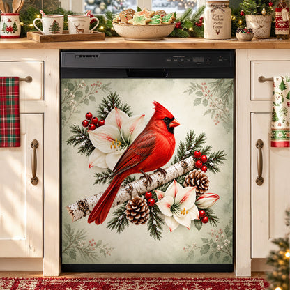 Christmas Magnetic Dishwasher Cover Winter Cardinal & Ivory Amaryllis