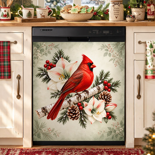 Christmas Magnetic Dishwasher Cover Winter Cardinal & Ivory Amaryllis