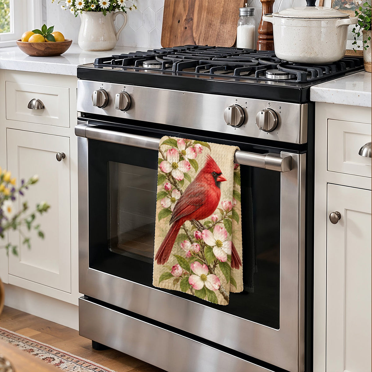 Cardinal Bird Kitchen Towel Crimson Cardinal & Blushing Dogwoods
