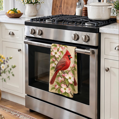 Cardinal Bird Kitchen Towel Crimson Cardinal & Blushing Dogwoods