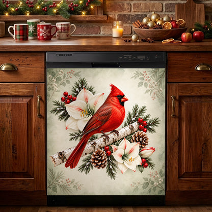 Christmas Magnetic Dishwasher Cover Winter Cardinal & Ivory Amaryllis
