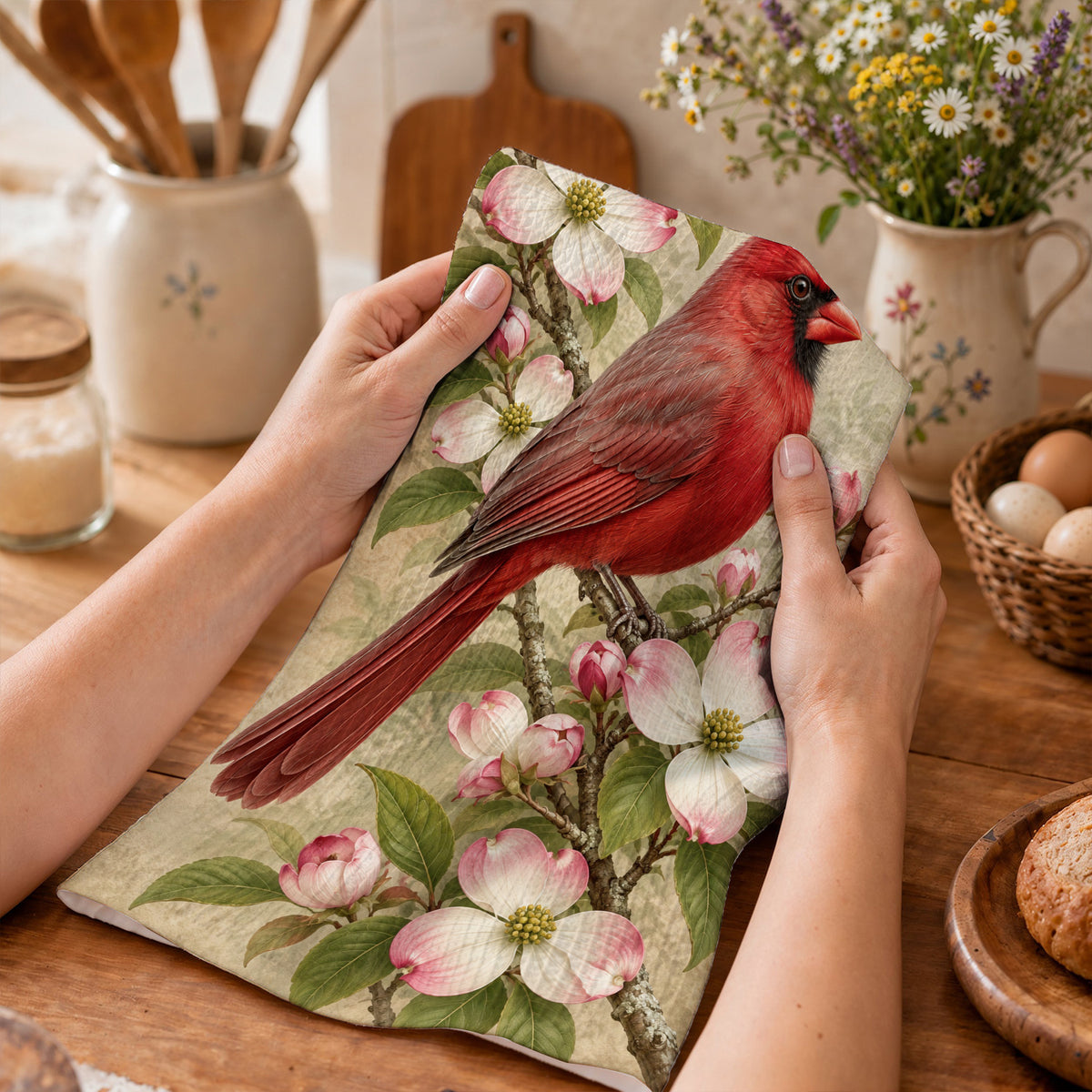 Cardinal Bird Kitchen Towel Crimson Cardinal & Blushing Dogwoods