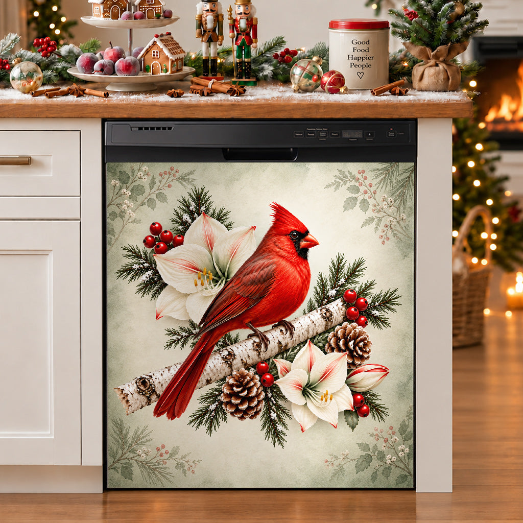 Christmas Magnetic Dishwasher Cover Winter Cardinal & Ivory Amaryllis
