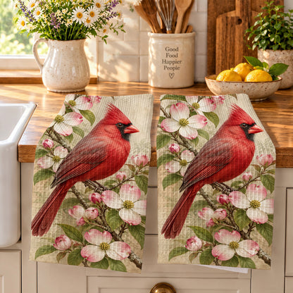 Cardinal Bird Kitchen Towel Crimson Cardinal & Blushing Dogwoods