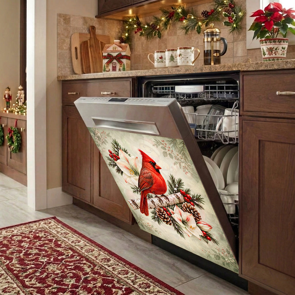 Christmas Magnetic Dishwasher Cover Winter Cardinal & Ivory Amaryllis