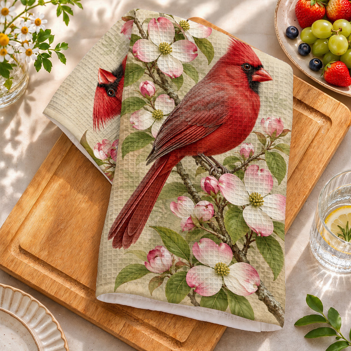 Cardinal Bird Kitchen Towel Crimson Cardinal & Blushing Dogwoods
