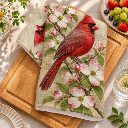 Cardinal Bird Kitchen Towel Crimson Cardinal & Blushing Dogwoods