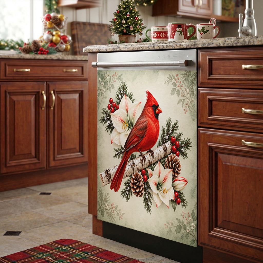 Christmas Magnetic Dishwasher Cover Winter Cardinal & Ivory Amaryllis
